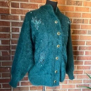 Vintage Fully Fashion Women S Angora Cardigan Emerald Green Lined Gold Buttons